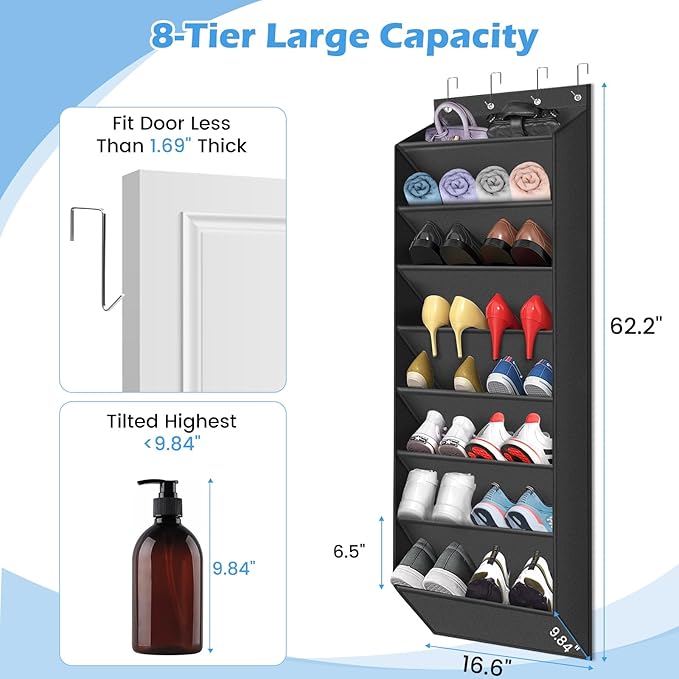 Over The Door Shoe Organizer Storage -8-Tier Shoe Rack for Boots/Sneakers/Closet, Heavy Duty Anti-Slip Hooks & Large Deep Pockets,Space Saving Hanging Shoe Organizers (Black)