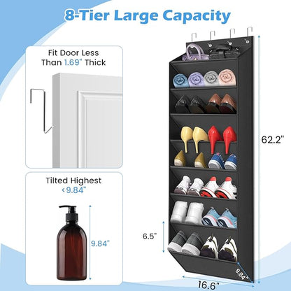 Over The Door Shoe Organizer Storage -8-Tier Shoe Rack for Boots/Sneakers/Closet, Heavy Duty Anti-Slip Hooks & Large Deep Pockets,Space Saving Hanging Shoe Organizers (Black)