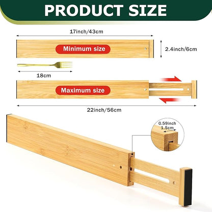 Lzerking Kitchen Drawer Dividers 6 Pack, 17-22" Adjustable Bamboo Drawer Organizers Large, Spring Loaded, Expandable Utensil Organizer, Works in Kitchen, Dresser, Closet, Bathroom, Bedroom
