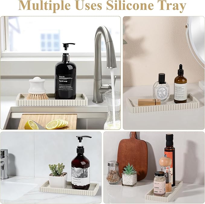 Silicone Bathroom Tray Small Vanity Organizer Rectangle Sink Caddy Sponge Holder Kitchen Counter Decor for Dish Soap, Perfume, Candle, Beige