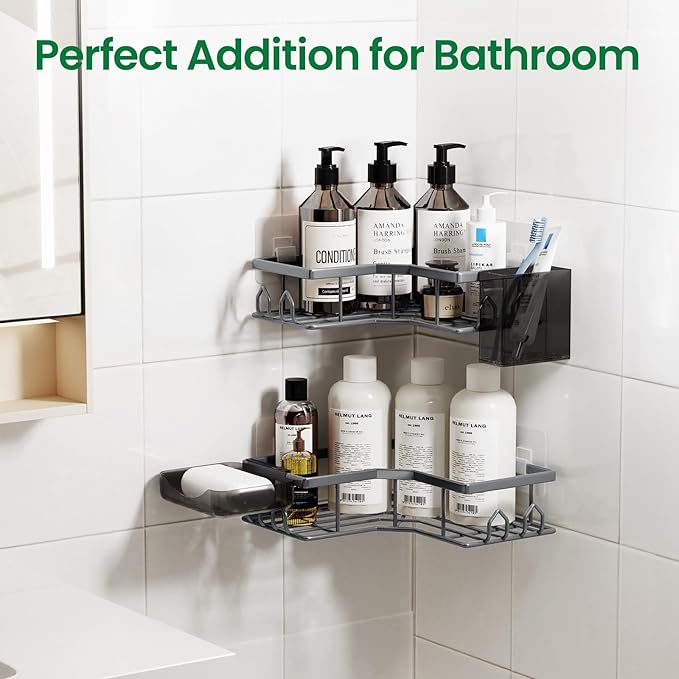 Adhesive Shower Caddy, 4 Pack Corner Bath Organizer, Rustproof Stainless Steel Shower Shelves with Large Capacity, No Drilling Shelves for Bathroom Storage, Home, Kitchen Decor (Dark Grey).