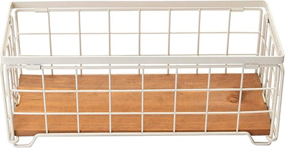 TIEYIPIN Metal Wire Storage Basket, Toilet Paper Roll Holder Wood Base Countertop Decor Box Toilet Tank Shelf Cabinet Organizer for Bathroom Pantry Garage Bedroom Livingroom - Cream White