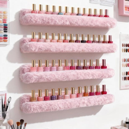 YMVV Nail Polish Wall Shelf - 15-Inch Furry Plush Display & Organizer Rack, Holds 60+ Polishes, Soft Ledge for Bedroom, Bathroom, Salon - Protects Bottles from Scratches，6 Pack Pink