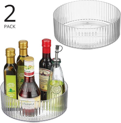 mDesign Fluted Lazy Susan Turntable Plastic Spinner for Kitchen and Bathroom Cabinet, Cupboard, Countertop Organizing, Rotating Organizer for Condiments, Jewelry, Accessories, 9" Round - 2 Pack, Clear