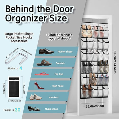 Kotkn 30 Compartment Breathable Mesh Pocket Over the Door Hanging Over the door shoe organizer Shoe rack Over door shoe organizer Hanging shoe organizer (White, 30)