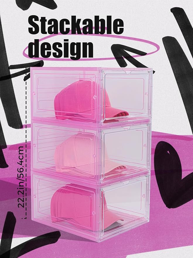 SCAVATA 6 Pack Hat Organizer Box, Stackable Clear Baseball Caps Holder Box Containers with Magnetic Door for Hats Snapback Cap Storag, Hat Rack Display Case, Holds 8 Hats Each (Pink)