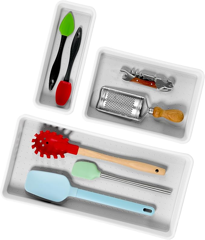 madesmart 3 Bin Drawer Organizer Set, Multi Purpose Storage for Utensils, Office & Bathroom, Organizer for Cutlery, Peeling Tools, Spatulas, Soft Grip Lining, Durable & Easy to Clean, White