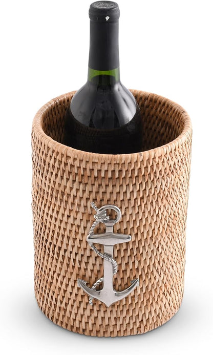 Vagabond House Utensil Holder - Large, Durable, Eco-Friendly Wicker Rattan Crock with Pewter Anchor - Versatile Kitchen Organizer, Perfect for Coastal Kitchen, Beach Themed Office - Boho Decor 8 Inch