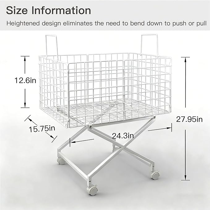 Rolling Laundry Basket with Wheels - 27" Elevated Wire Laundry Hamper, 80L Sturdy Metal Laundry Cart, 10-Min 8-Screw Assembly, Ergonomic No-Bending Mobile Clothes Bin for Laundry Room (White)