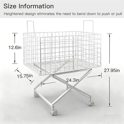 Rolling Laundry Basket with Wheels - 27" Elevated Wire Laundry Hamper, 80L Sturdy Metal Laundry Cart, 10-Min 8-Screw Assembly, Ergonomic No-Bending Mobile Clothes Bin for Laundry Room (White)