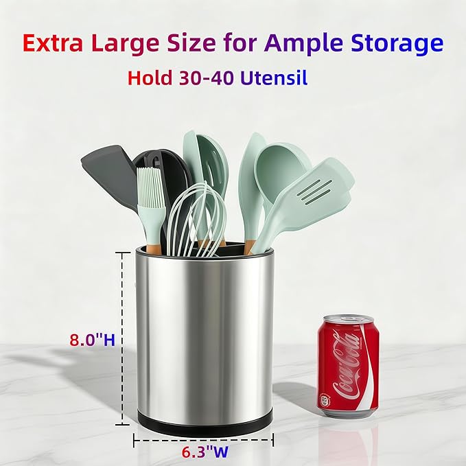 LIBODOUR Kitchen Utensil Holder Extra Large 360°Rotating For Counter Organizer Stainless Steel Storage Cooking Silverware Caddy 3 Compartment Flatware Spoon Spatula Tool Cutlery Container（Silvery）