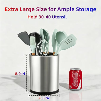 LIBODOUR Kitchen Utensil Holder Extra Large 360°Rotating For Counter Organizer Stainless Steel Storage Cooking Silverware Caddy 3 Compartment Flatware Spoon Spatula Tool Cutlery Container（Silvery）