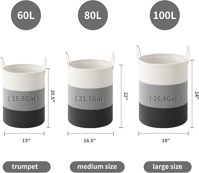 Laundry Basket Hamper Tall Rope Storage Woven for Blanket toys Dirty Clothes in Living Room Bathroom Bedroom (Gradient Grey, 100L/26.4Gal)