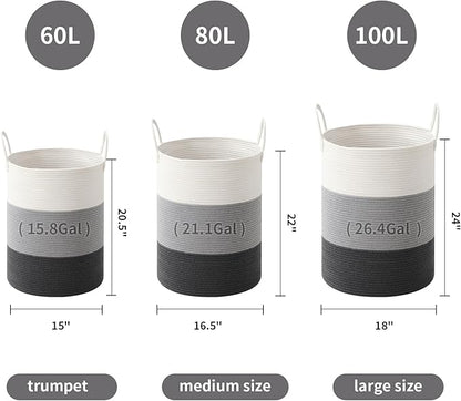 Laundry Basket Hamper Tall Rope Storage Woven for Blanket toys Dirty Clothes in Living Room Bathroom Bedroom (Gradient Grey, 100L/26.4Gal)