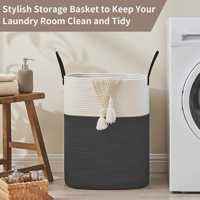 AINUOQI Laundry Basket with Handles - Blanket Basket & Hampers for Bedroom Aesthetic, Laundry Hamper & Blanket Storage for Living Room, Clothes Hamper, Tall, Large 17" x 14" x 25”, White & Black