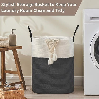 AINUOQI Laundry Basket with Handles - Blanket Basket & Hampers for Bedroom Aesthetic, Laundry Hamper & Blanket Storage for Living Room, Clothes Hamper, Tall, Large 17" x 14" x 25”, White & Black