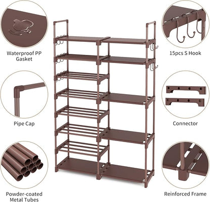 ROJASOP Shoe Rack Organizer, 8-Tier Metal Shoe Rack for Closet Entryway Garage, 26-32 Pairs Tall Shoe Boot Storage Shelf with 15 Hooks, Stackable Large Shoe Stand, Brown