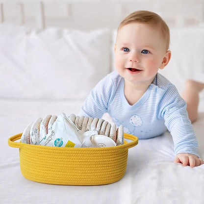 MEGASKET Yellow Woven Basket, 13" x 9" x 5" Baskets for Gifts Empty, Cute Cotton Rope Cat Dog Toy Bin Box, Small Woven Bin for Organizing, Yellow Room Decor, Nursery Cloth Diaper Storage Organizer