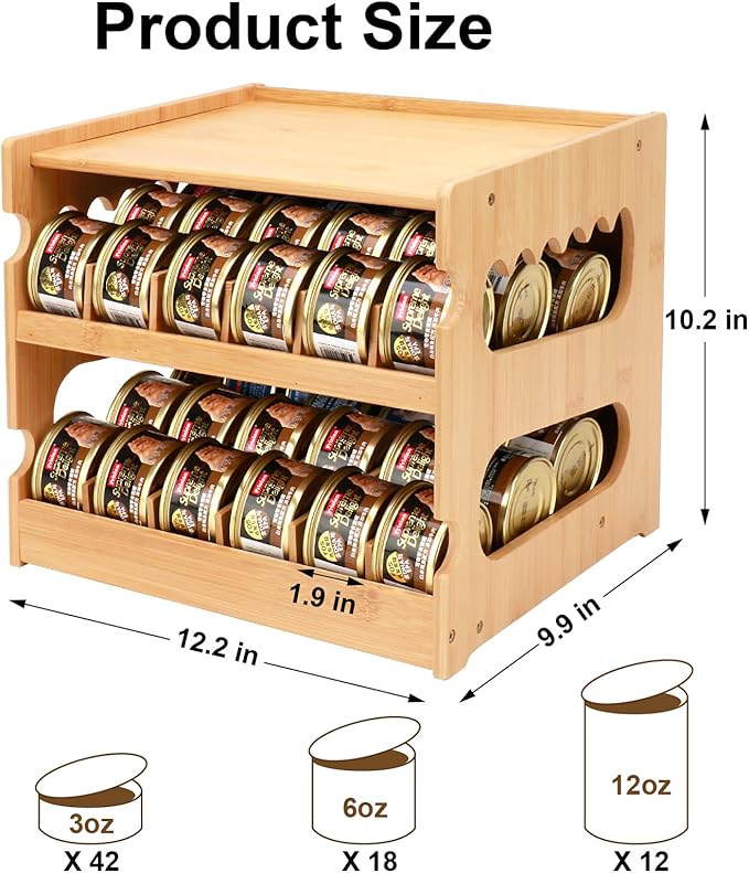 Bamboo Can Organizer for Pantry, 2 Tier Canned Cat Food Organizer for Kitchen Counter, Cat Food Storage Holds up to 36 Cans, Can Rack Organizer for Human and Pet Food Cans, FIFO Design