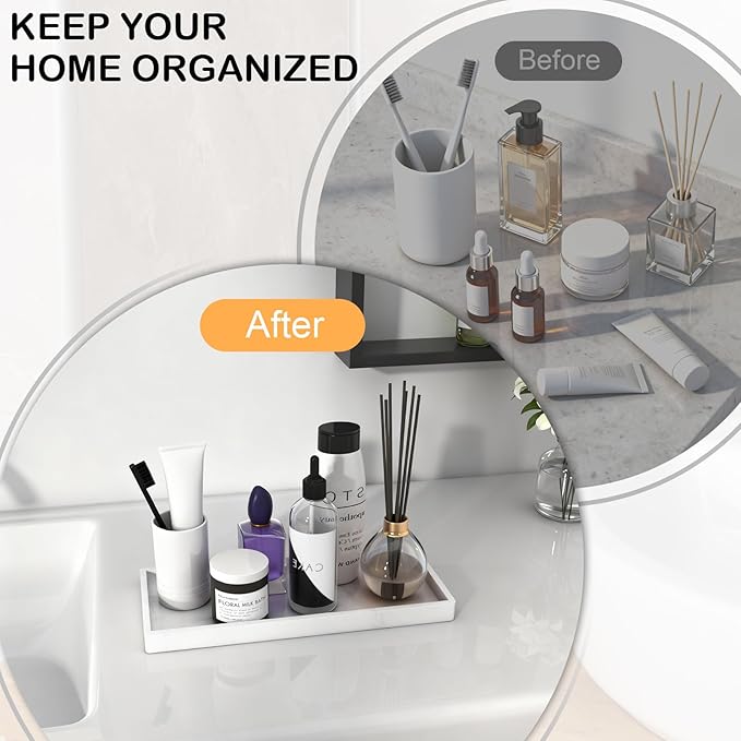 Bathroom Vanity Tray, Silicone 11.8 x 5 Inch Bathroom Counter Tray Decor, Extra-Large Bathroom Trays Holders and Organizers for Toilet Top, Dresser, Waterproof Decorative Tray, Marble White