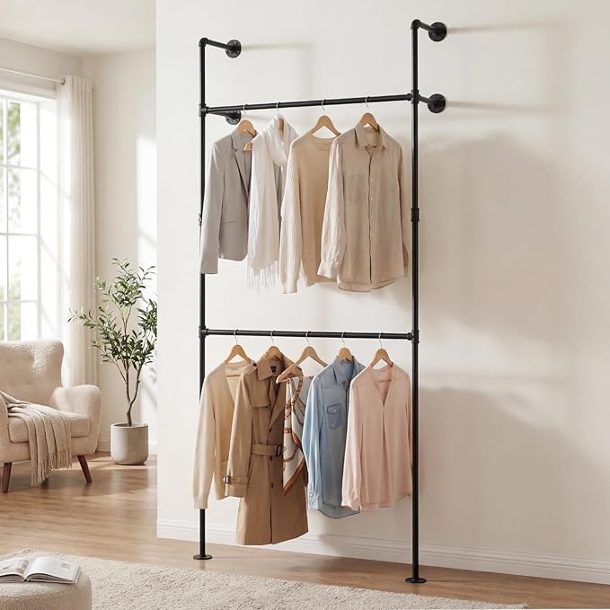 Giantex Industrial Pipe Clothing Rack, 42" Wall Mounted Heavy-Duty Metal Garment Organizer with 2 Hanging Rods, 2-Tier Walk-in Closet System for Wardrobe Closet, Retail Display