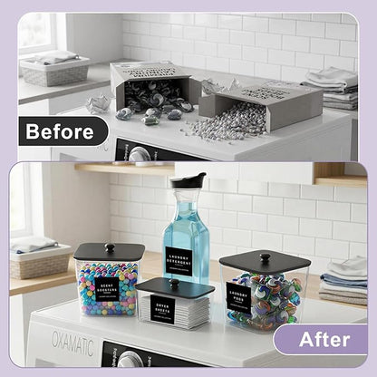 POLRAI Laundry Pod Containers and Dryer Sheet Holder and Laundry Detergent Dispenser Clear Laundry Room Organization and Storage with Wooden Lids Labels and spoon （2+1+1 Pack）