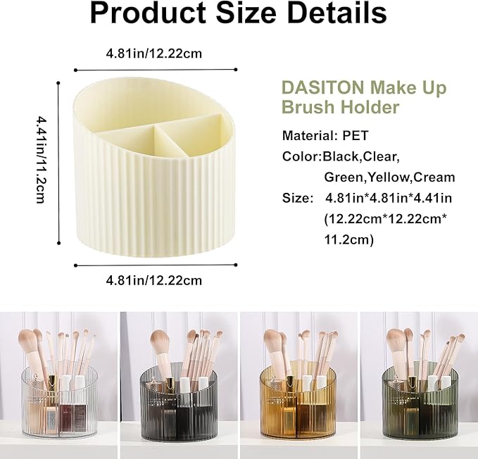 DASITON 3 Slots Makeup Brush Holder, Acrylic Makeup Brush Cup, Vintage Striped Make Up Brush Holder for Vanity Decor, Bathroom Countertops, Desk Storage Container, Cosmetic Display Cases (Cream)