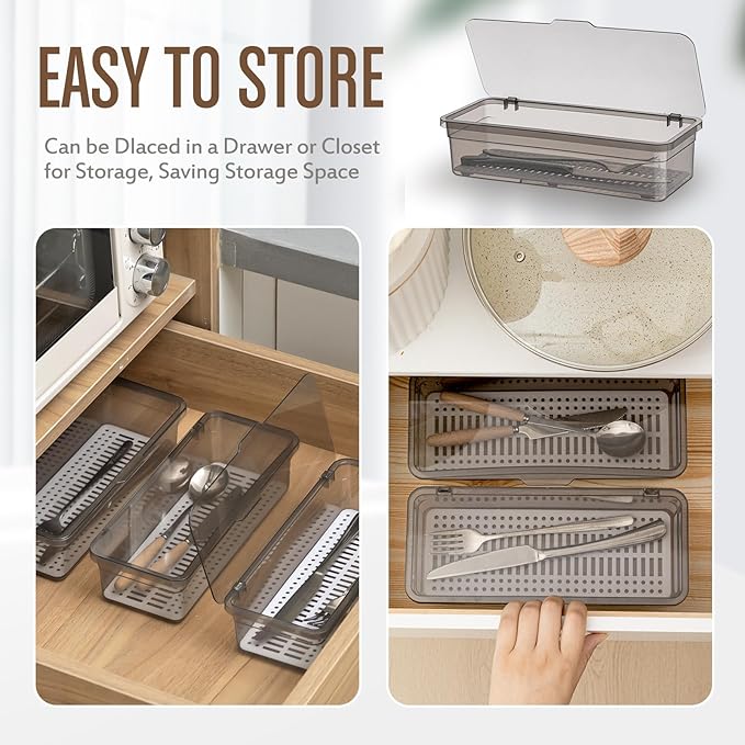 Remerry 3 Pcs Flatware Tray with Lid and Drainer, Plastic Utensil Organizer, Kitchen Cutlery Transparent Storage Box with Lid and Drain Rack, Drawer Tableware Storage Box for Home and Travel (Grey)
