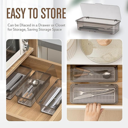 Remerry 6 Pcs Flatware Tray with Lid and Drainer, Plastic Utensil Organizer, Kitchen Cutlery Transparent Storage Box with Lid and Drain Rack, Drawer Tableware Storage Box for Home and Travel (Grey)