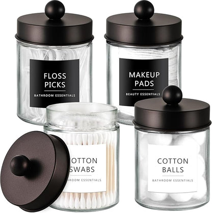 Amolliar 4 Pack Qtips Dispenser Holder - Bathroom Countertop Storage Organizer Containers - Glass Apothecary Jars with Bronze Plastic Lid for Q-tips Cotton Balls, Swabs, Round Pads, Floss