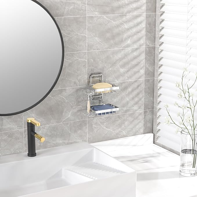 Moforoco Silver Double Soap Bar Holder for Shower, No Drilling Rustproof Stainless Steel, Wall Mounted Soap Holder with 4 Hooks and Razor Holder, Shower Rack Soap Tray Bar Soap for Bathroom & Kitchen
