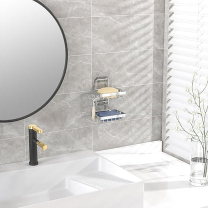 Moforoco Silver Double Soap Bar Holder for Shower, No Drilling Rustproof Stainless Steel, Wall Mounted Soap Holder with 4 Hooks and Razor Holder, Shower Rack Soap Tray Bar Soap for Bathroom & Kitchen