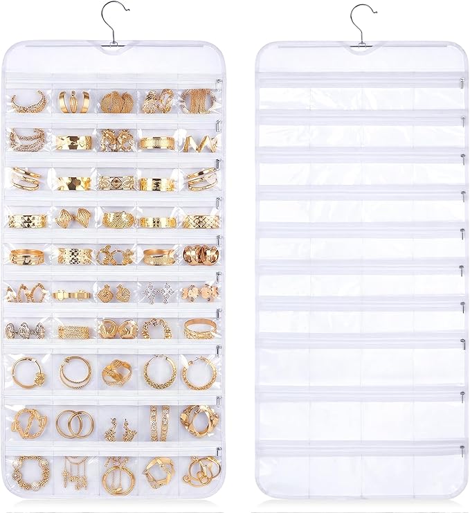 2 Pack Hanging Jewelry Organizer 80 Zippered Pockets 80-Pocket Dual-sided Jewelry Storage for Necklace Bracelet Earring RingsTravel Holder - White