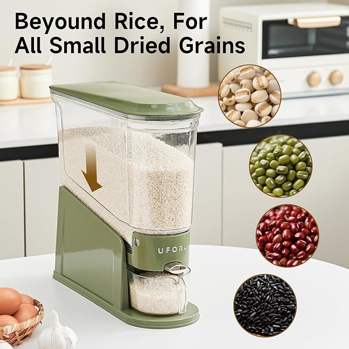 UFORU Rice Dispenser 22Lbs, Slim Rice Storage Container for Small Space, BPA-Free Clear Dry Food Dispenser Sealed Moisture Proof, Grain&Cereal Storage Bucket for Kitchen Pantry Household, Green 22Lbs