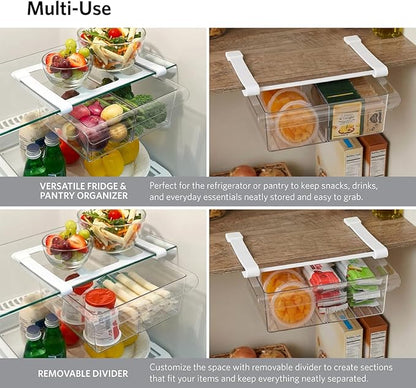 Glad Pull Out Fridge Drawer Organizer - Clip-On Under Shelf Refrigerator & Pantry Storage Bin with 2 Compartments for Fruit, Vegetables, and Deli Meat Drawer - BPA Free Clear Plastic