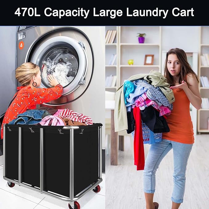 Commercial Laundry Cart with Wheels, 470L Industrial Rolling Laundry Basket, Large Heavy Duty Laundry Sorter with Watertight Oxford Bag & Sturdy Steel Frame for Home, Hotel, Hospital, 440 lbs (Black)
