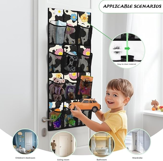 Hanging Storage Bag for Bathroom, Behind Door, Bedroom, Washing Table Storage, Space Saving Over The Door Storage Organizer with 2 Sticky Wall Hooks,Cow Flowers