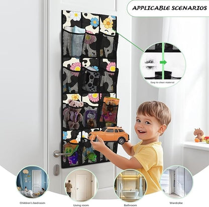 Hanging Storage Bag for Bathroom, Behind Door, Bedroom, Washing Table Storage, Space Saving Over The Door Storage Organizer with 2 Sticky Wall Hooks,Cow Flowers