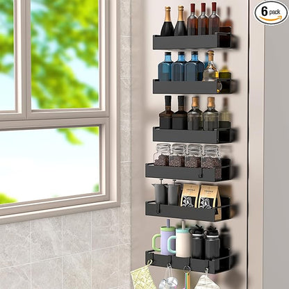 HuggieGems 6 Pack Magnetic Spice Rack Organizer for Refrigerator and Oven, Matt Black Fridge Organizers and Storage for Kitchen