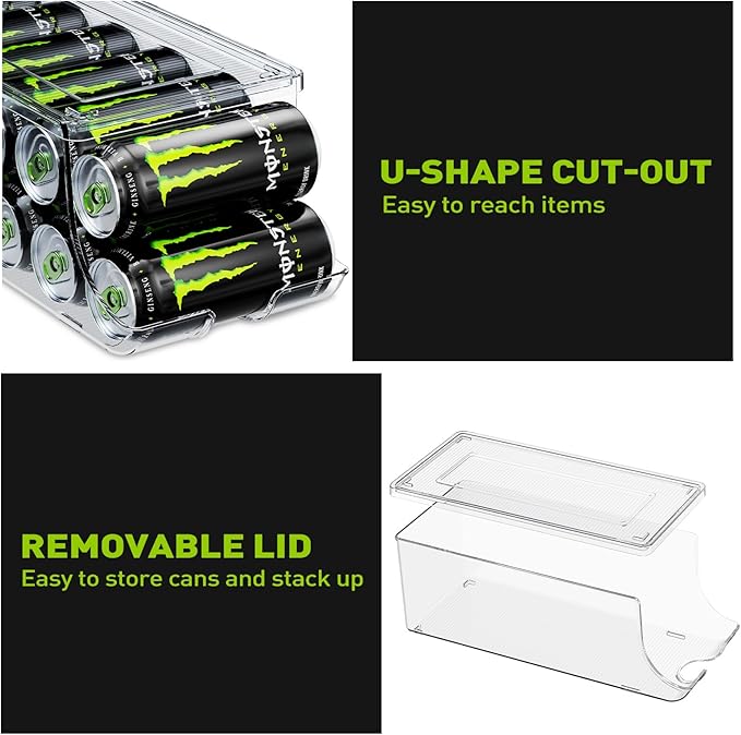 SCAVATA 2 Pack Tall Skinny Can Organizer for Refrigerator, Stackable Large Soda Cans of 16oz & 17oz Beverage Energy Drink Container Holder Dispenser with Lid for Fridge, Clear Storage Plastic Bins