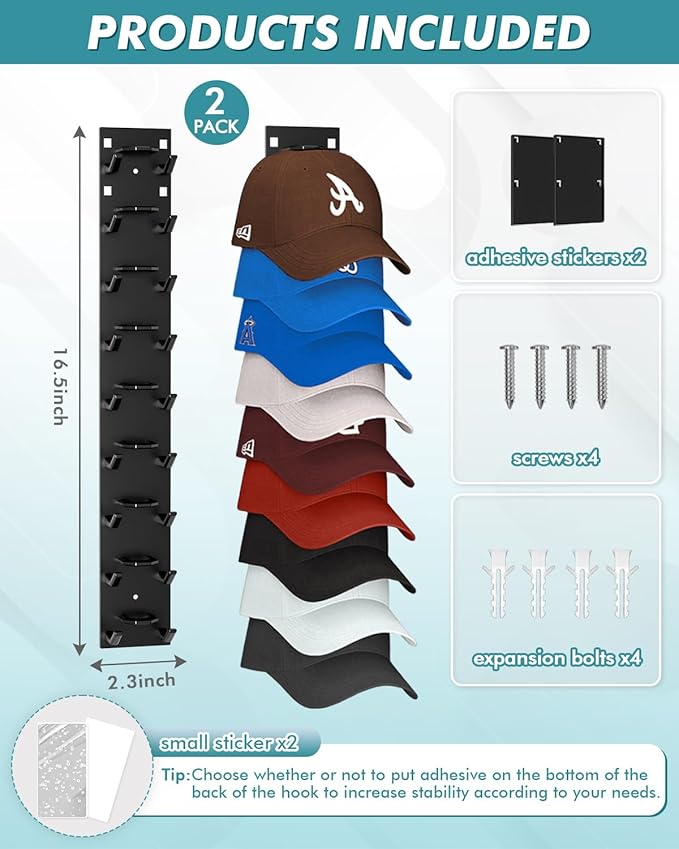 Hat Organizer for Baseball Caps (2-Pack), Strong Adhesive Hat Rack for Wall, Multi-layer Hat Hooks Storage for 18 Hats, Hat Holder Hanger for Door, Bedroom, Closet - Black