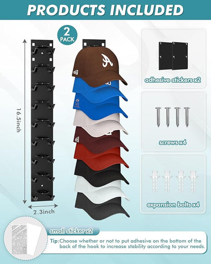Hat Organizer for Baseball Caps (2-Pack), Strong Adhesive Hat Rack for Wall, Multi-layer Hat Hooks Storage for 18 Hats, Hat Holder Hanger for Door, Bedroom, Closet - Black