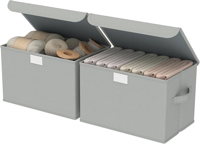 Storage Bins with Lids for Organizing, Closet Boxes with 2 Carrying Handles and Sturdy Heavy Cardboard, Home Organizers Cubes, 2 Pack, Grey, 15 x 9.8 x 9.8 In, XSNY12GL-2