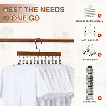 Closet Organizer with 12 Clips, Space Saving Hangers for Clothes, Hanging Closet Organizers and Storage, Wooden Socks Hats Pants Hangers with Clips, for Small Room Organization (2 Pack)