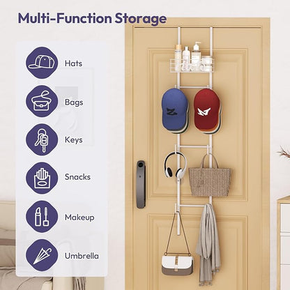 SWTYMIKI Over Door Hat Organizer - Wall Mounted Hat Rack with 6 Hooks and Metal Basket Design, Hanging Baseball Cap Organizer Storage Holds Up to 32 Caps for Door, Bedroom, Closet(White)