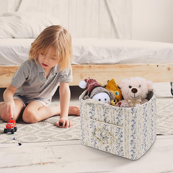 Storage Basket Boho Fabric Large Collapsible Floral Laundry Nursery Hamper Portable Folding Storage for Clothes Toys (Vine-Blue C)