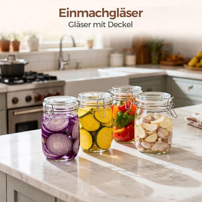 ComSaf 3-Pack 34oz Round Glass Apothecary Jars, Farmhouse Decor for Kitchen Counter Display, Airtight Cookie & Candy Jar for Coffee & Food Storage