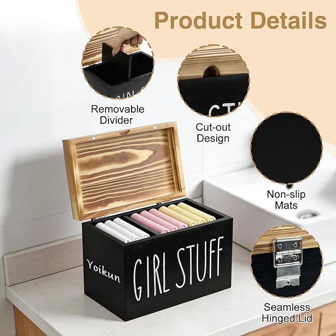 Tampon Holder for Bathroom with Hinged Lid, Modern Farmhouse Feminine Product Organizer, Decorative Storage Box for Pads & Period Essentials, Toilet Tank or Countertop