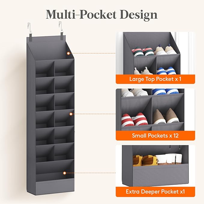 Lifewit 8 Tier Over the Door Shoe Organizer with 15 Large Deep Pockets, Fabric Hanging Shoes Shelf for Closet, Dorm Storage, Fit Up to 16 Pair Shoe Rack Holder for Sneakers, Boots, Gray