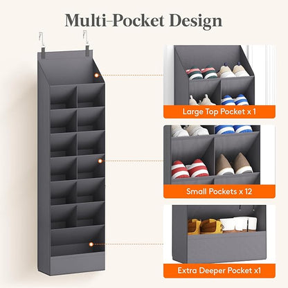 Lifewit 8 Tier Over the Door Shoe Organizer with 15 Large Deep Pockets, Fabric Hanging Shoes Shelf for Closet, Dorm Storage, Fit Up to 16 Pair Shoe Rack Holder for Sneakers, Boots, Gray